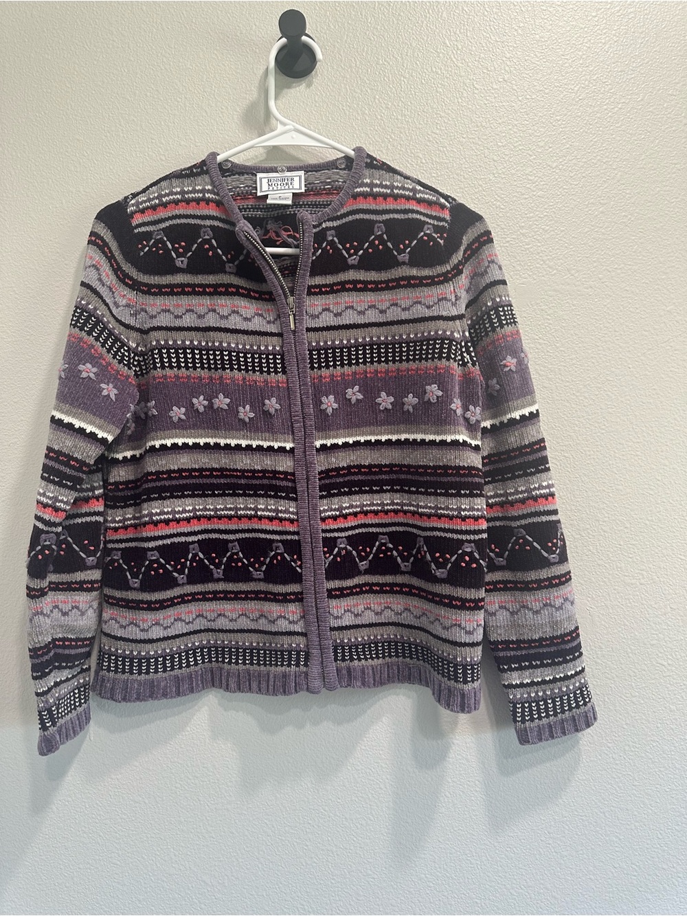 Jennifer Moore Purple Multi-Pattern Zip Cardigan Sweater,embroidered,small